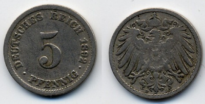 ГЕРМАНИЯ 5 ПФЕННИГОВ 1892 D, KM 11, J. 12 медно-никель 51-5237