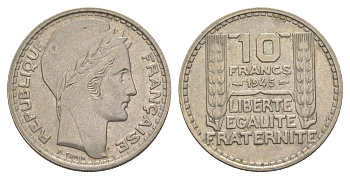Франция 10 франков 1945 тип Пьер Турин KM 908.1, Le Franc 361.2 медно-никель 4563-416