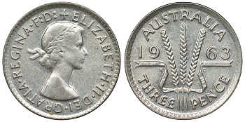 Австралия 3 пенса 1963 m, Елизавета II (1952-2022) KM 57 серебро 71-831
