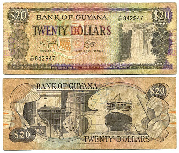 Гайана 20 долларов ND (1989) водопад Кайетур, судостроение, паромное судно "Малали"  Pick 27 (2) бумага 6318-2-2-1