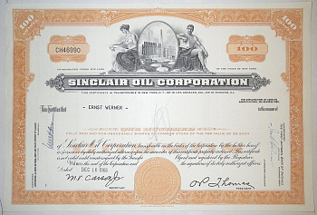 США, SINCLAIR OIL CORPORATION 100 акций 1966 США бумага 00-00