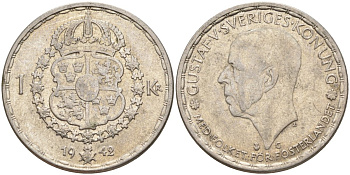 Швеция 1 крона 1942 G, Густав V (1907-1950) KM 814 серебро 4148-955