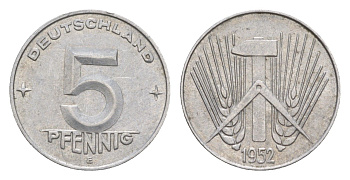ГДР 5 пфеннигов 1952 E KM 6 алюминий 4647-938
