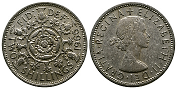 Великобритания 2 шиллинга (флорин) 1966 Елизавета II (1952-2022) KM 906, Spink 4146 медно-никель 4382-716
