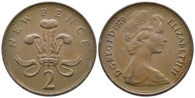 Великобритания 2 пенса 1979 Елизавета II (1952-2022) KM 916, Spink 4235 (C1) бронза 87-732