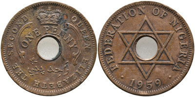 Нигерия 1 пенни 1959 Елизавета II (1952-), Британский протекторат KM 2 бронза 51-1757