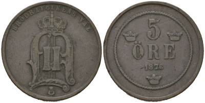 Швеция 5 эре 1876 Оскар II (1872-1907) KM 736 бронза 4175-816