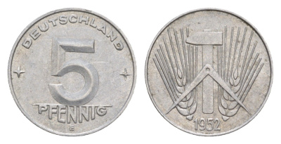 ГДР 5 пфеннигов 1952 E KM 6 алюминий 4647-938