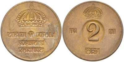 Швеция 2 эре 1961 TS, Густав VI Адольф (1950-1973) KM 821 бронза 4513-1255