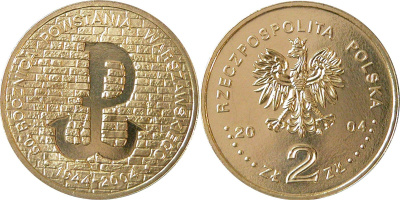 Польша 2 злотых 2004 MW, 60 лет Варшавскому восстанию 1944 года KM 496 нордик  UNC 3996-325