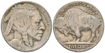 США 5 центов 1924 индеец, бизон KM 134 медно-никель 4614-1054