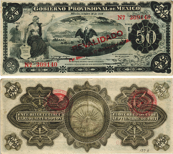 Мексика, Революция 50 песо 1914 Переходное правительство Мексики, город Мехико, надпечатка REVALIDADO Pick S708b бумага 3295-57-2