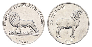 ДР Конго 25 сантимов 2002 Животные - Гривистый баран KM 77 алюминий UNC 4674-1267