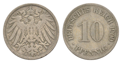 Германия 10 пфеннигов 1900 G, Вильгельм II (1888-1918) KM 12, J. 13 медно-никель 4640-248