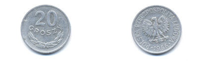 ПОЛЬША 20 ГРОШЕЙ 1966 MW KM A47 алюминий 4379-923