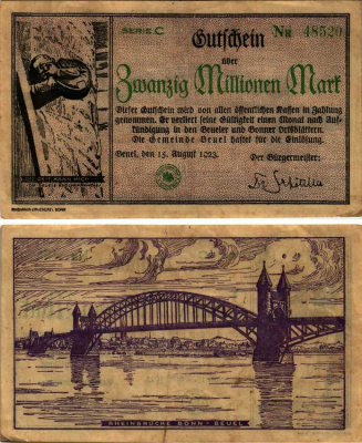 БОНН (BEUEL) 20000000 МАРОК 1923 15 АВГУСТА 1923, НОТГЕЛЬД, СЕРИЯ С, МОСТ ЧЕРЕЗ РЕЙН Keller 389b бумага 8518-38-2-1