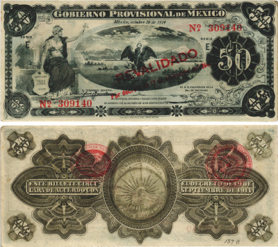 Мексика, Революция 50 песо 1914 Переходное правительство Мексики, город Мехико, надпечатка REVALIDADO Pick S708b бумага 3295-57-2
