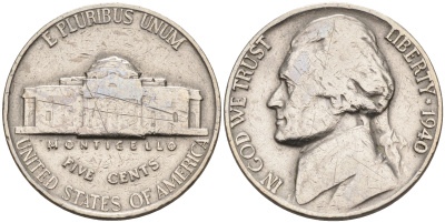 США 5 центов 1940 Джефферсон KM 192 медно-никель    4595-642
