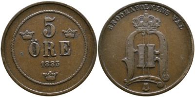 Швеция 5 эре 1883 Оскар II (1872-1907) король Швеции и Норвегии KM 736 бронза 51-2547