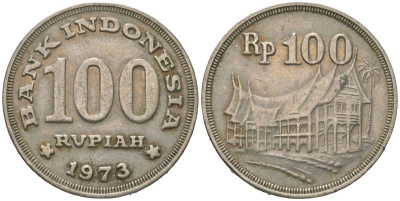 Индонезия 100 рупий 1973 хижина минангкабау KM 36 медно-никель 4619-625