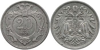 АВСТРИЯ 20 ГЕЛЛЕРОВ 1894 KM 2803 никель 113-556