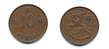 Финляндия 10 пенни 1935 республика (1918-1962) KM 24 медь 51-5441