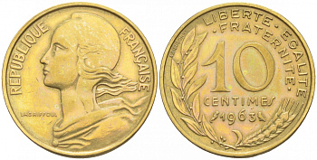 ФРАНЦИЯ 10 САНТИМОВ 1963 ТИП MARIANE KM 929, LE FRANC 144.3 алюминиевая бронза 44-959