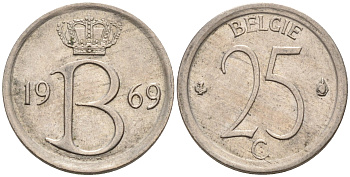 Бельгия 25 сантимов 1969 Belgie, Бодуэн I (1951-1993) KM 154.1 медно-никель 4564-139