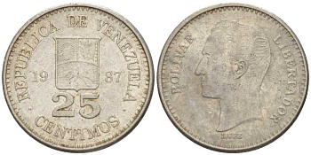Венесуэла 25 сентимо 1987 Симон Боливар KM 50.2 никель 105-825