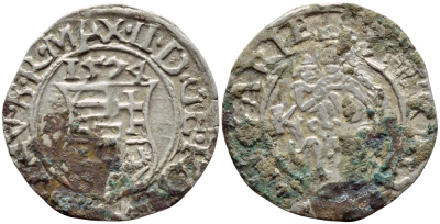 Венгрия 1 денар 1574 КВ, Максимилиан II Габсбург (1564-1576), мадонна с младенцем  серебро    1530-342