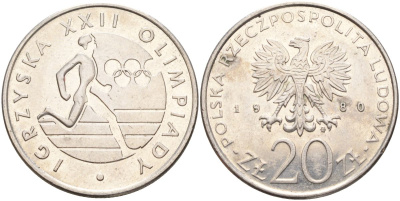 Польша 20 злотых 1980 MW, XXII летние Олимпийские Игры, Москва 1980, бегун KM 108, Parchimowicz 252 медно-никель 4531-445