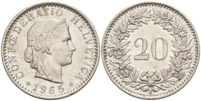 ШВЕЙЦАРИЯ 20 РАППЕНОВ 1965 В KM 29a медно-никель 55-841