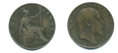 Великобритания 1 пенни 1903 Эдуард VII (1901-1910) KM 794.2, Spink 3990 бронза 4383-614