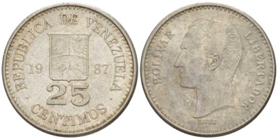 Венесуэла 25 сентимо 1987 Симон Боливар KM 50.2 никель 105-825