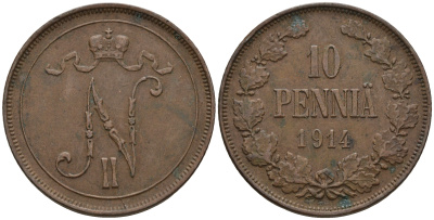 Россия для Финляндии 10 пенни 1914 Николай II (1894-1917) Биткин 437 медь 221-411
