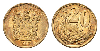 ЮАР 20 центов 1997 герб, цветок протея KM 162 сталь плакированная латунью UNC 4694-859