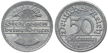 Германия 50 пфеннигов 1921 F KM 27, J. 301, Weege 10 алюминий 4119-521