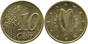 ИРЛАНДИЯ 10 ЕВРОЦЕНТОВ 2002 KM 35 латунь 4390-943