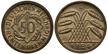 Германия 50 рентенпфеннигов 1924 D KM 34, J. 310 алюминиевая бронза aUNC 413-3111