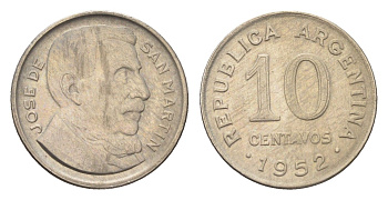 Аргентина 10 сентаво 1952 генерал Хосе де Сан Мартин KM 47 медно-никель 4664-156