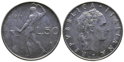 Италия 50 лир 1977 R, бог огня Вулкан у наковальни KM 95.1 сталь    4606-121