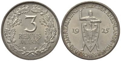 Германия 3 марки 1925 A - 1000 летие Рейнланд J. 321, KM 48 серебро aUNC 00-00