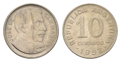 Аргентина 10 сентаво 1952 генерал Хосе де Сан Мартин KM 47 медно-никель 4664-156