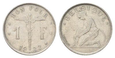 Бельгия 1 франк 1922 Belgique, Альберт I (1910-1934) KM 89 никель 4704-1037