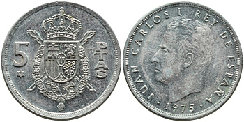 Испания 5 песет 1975 (80) Хуан Карлос I (1975-2014) KM 807 медно-никель 4393-241