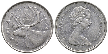 Канада 25 центов 1969 Елизавета II (1952-2022), олень KM 62 b никель 4364-1946