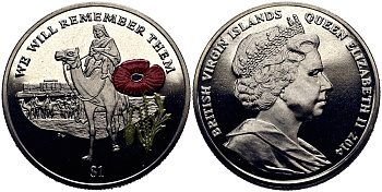 Британские Виргинские острова 1 доллар 2014 в память героев первой мировой войны, солдат верхом на верблюде, красный мак KM NEW медно-никель, эмаль  PROOF 1071-4-13