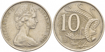 Австралия 10 центов 1966 Елизавета II (1952-), птица лирахвост KM 65 медно-никель 4539-1055