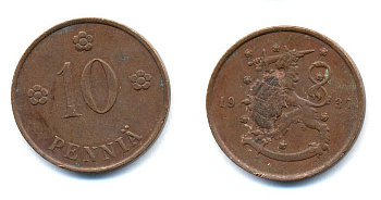 Финляндия 10 пенни 1937 республика (1918-1962) KM 24 медь 51-5551