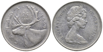Канада 25 центов 1969 Елизавета II (1952-2022), олень KM 62 b никель 4364-1946